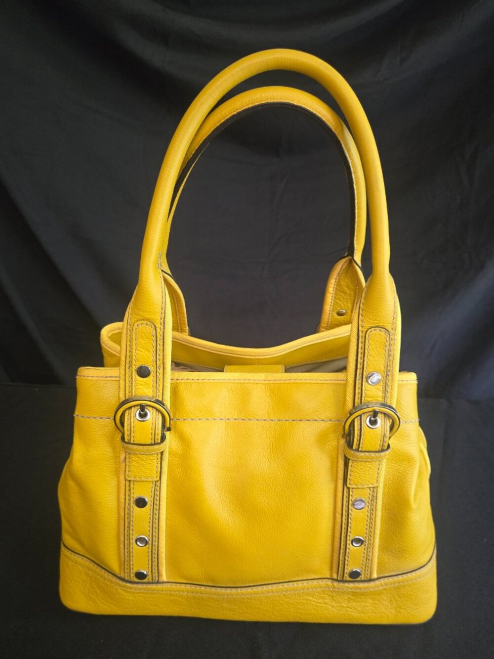 Anne Klein Genuine Leather Yellow Satchel Top Handle Handbag Silver Hardware - Picture 4 of 8